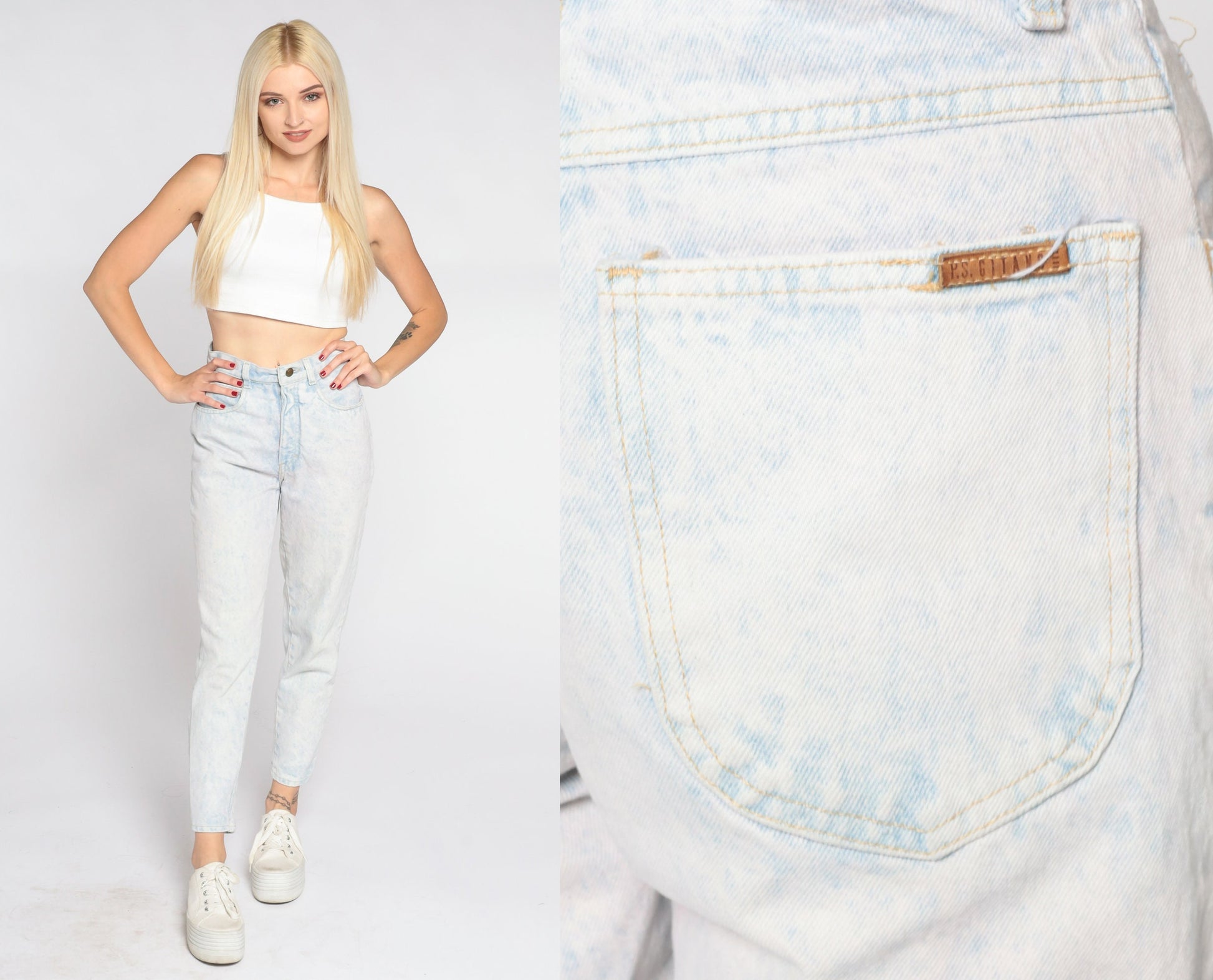 90s Gitano Acid Wash High Waisted Jeans Light Blue Tapered Ankle Snap XS