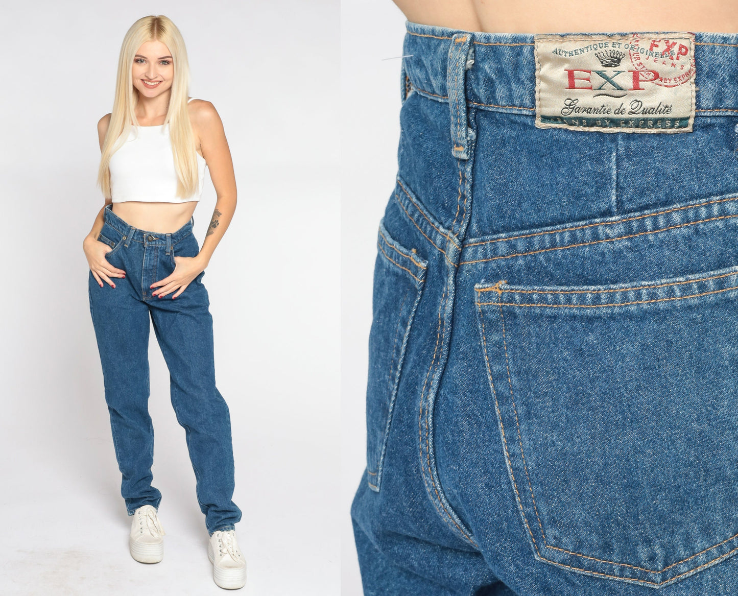 90s Express High-Waist Straight Leg Jeans Dark Blue Denim Small