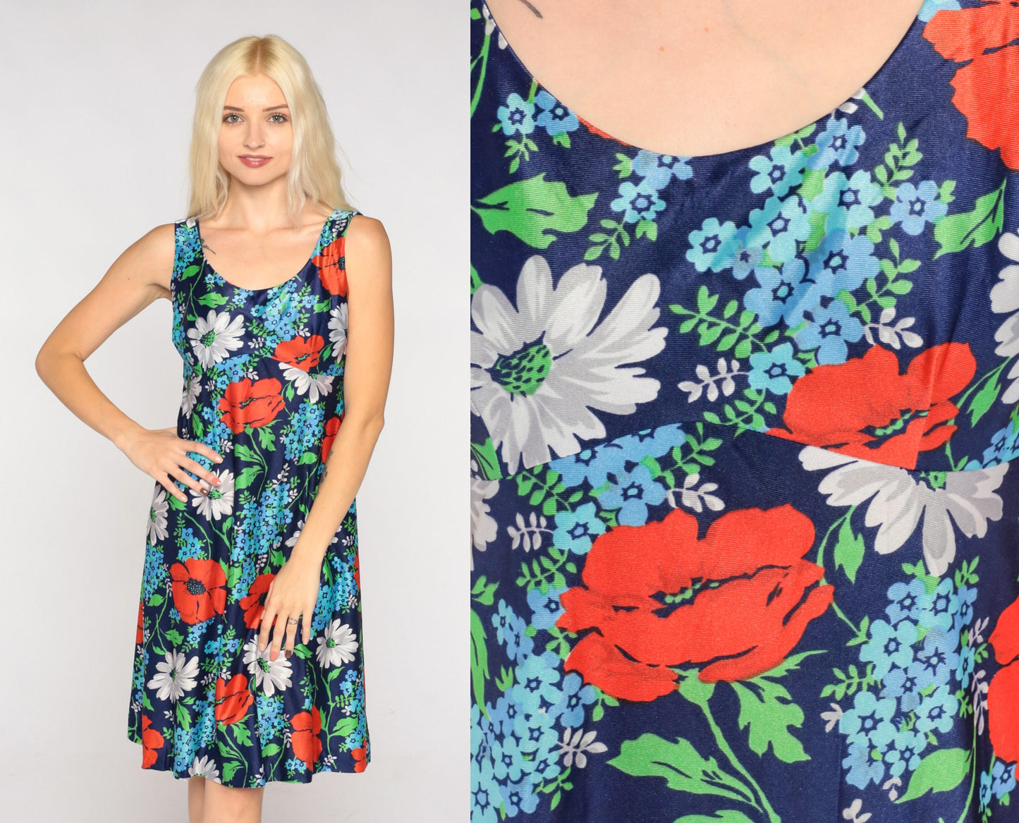 70s Navy Floral Babydoll Mini Dress Empire Waist Sleeveless Extra Small