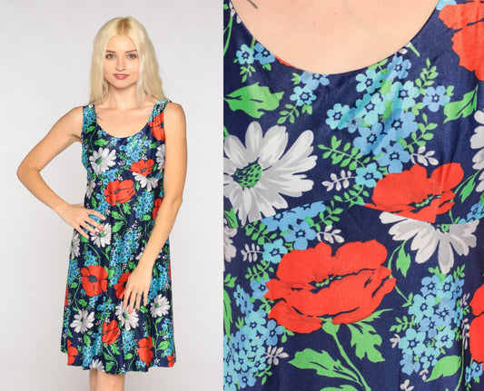 70s Navy Floral Babydoll Mini Dress Empire Waist Sleeveless Extra Small