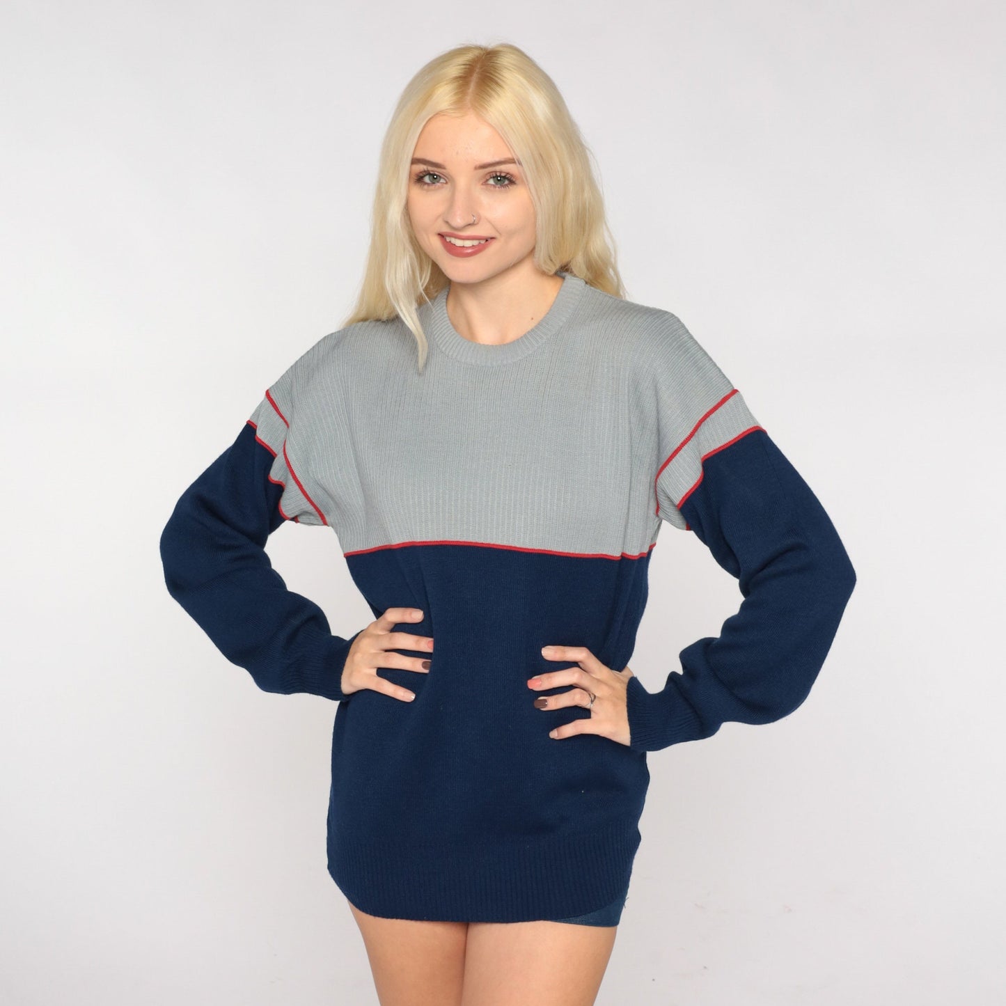 80s Ossi Skiwear Colour Block Wool Blend Sweater Grey Navy Medium