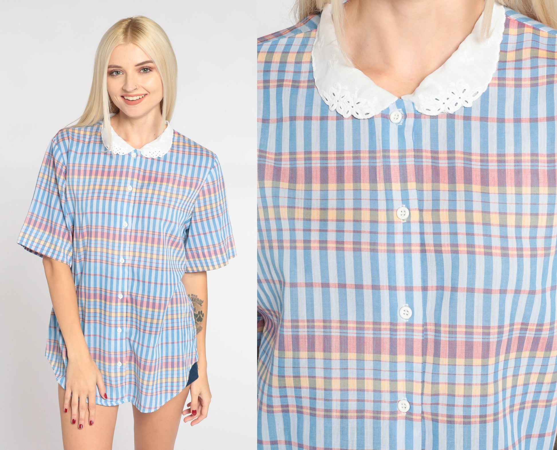 80s Blue Checkered Button-Up Blouse Peter Pan Collar Eyelet Lace Medium Large