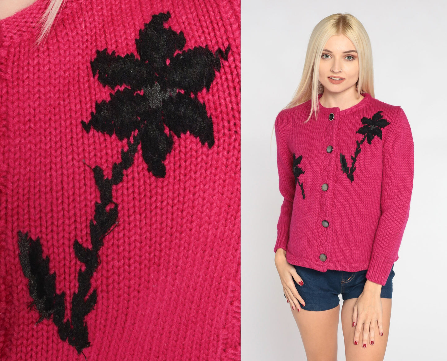 60s Floral Wool Cardigan Magenta Black Flower Print Button-Up Knit Extra Small