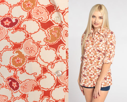 70s Orange Paisley Floral Button-Up Blouse Pointed Collar Long Sleeve Small