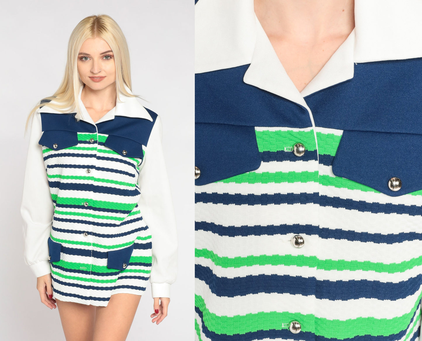 70s Dagger Collar Striped Button-Up Blouse White Blue Green Long Sleeve Medium Large