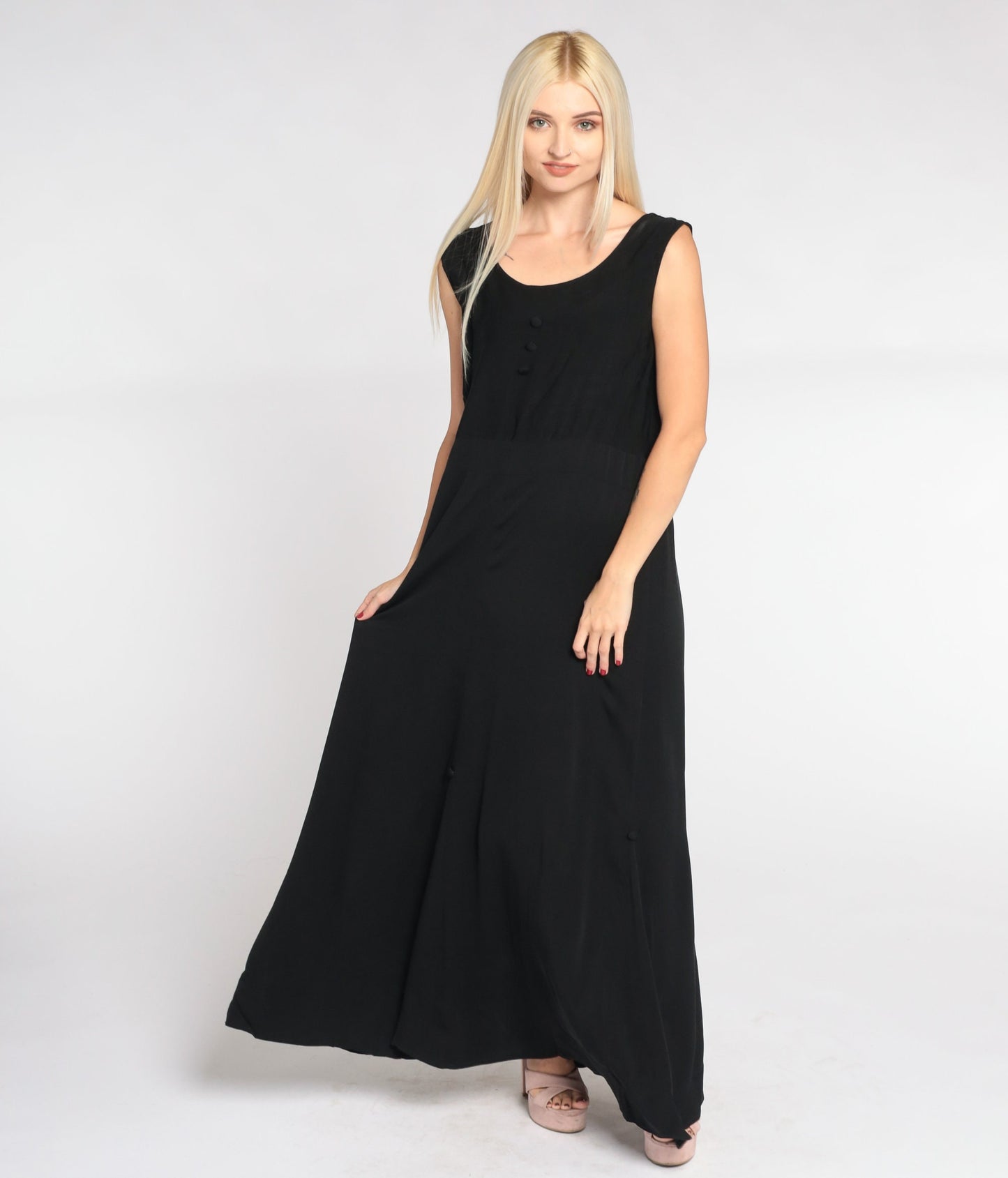90s Black Maxi Dress Sleeveless High Waist Decorative Buttons Small