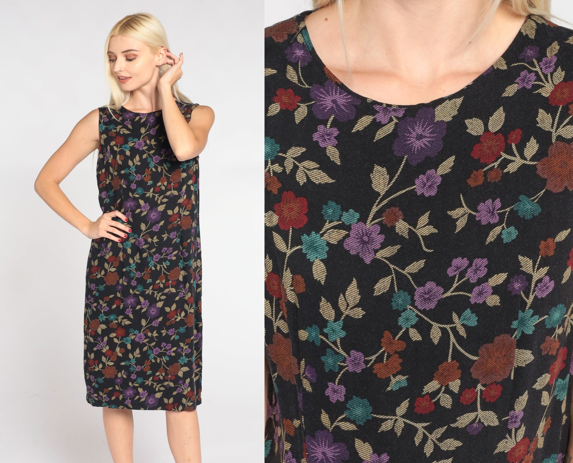 00s Black Floral Shift Dress Sleeveless Knee Length Small S