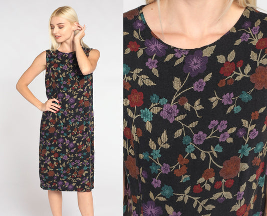 00s Black Floral Shift Dress Sleeveless Knee Length Small S