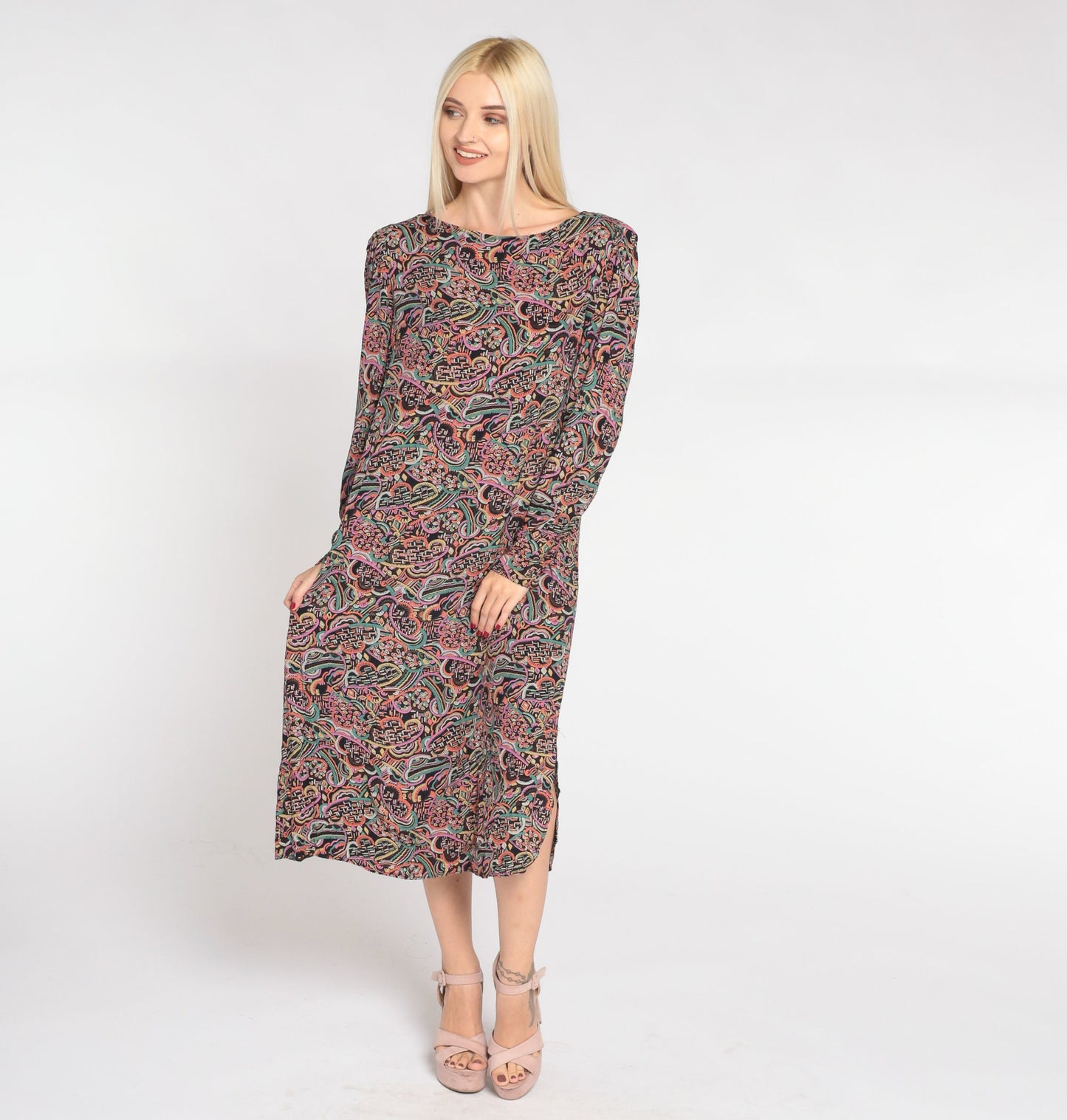 80s Abstract Cloud Print Midi Dress Black Puff Sleeve Shift Medium M