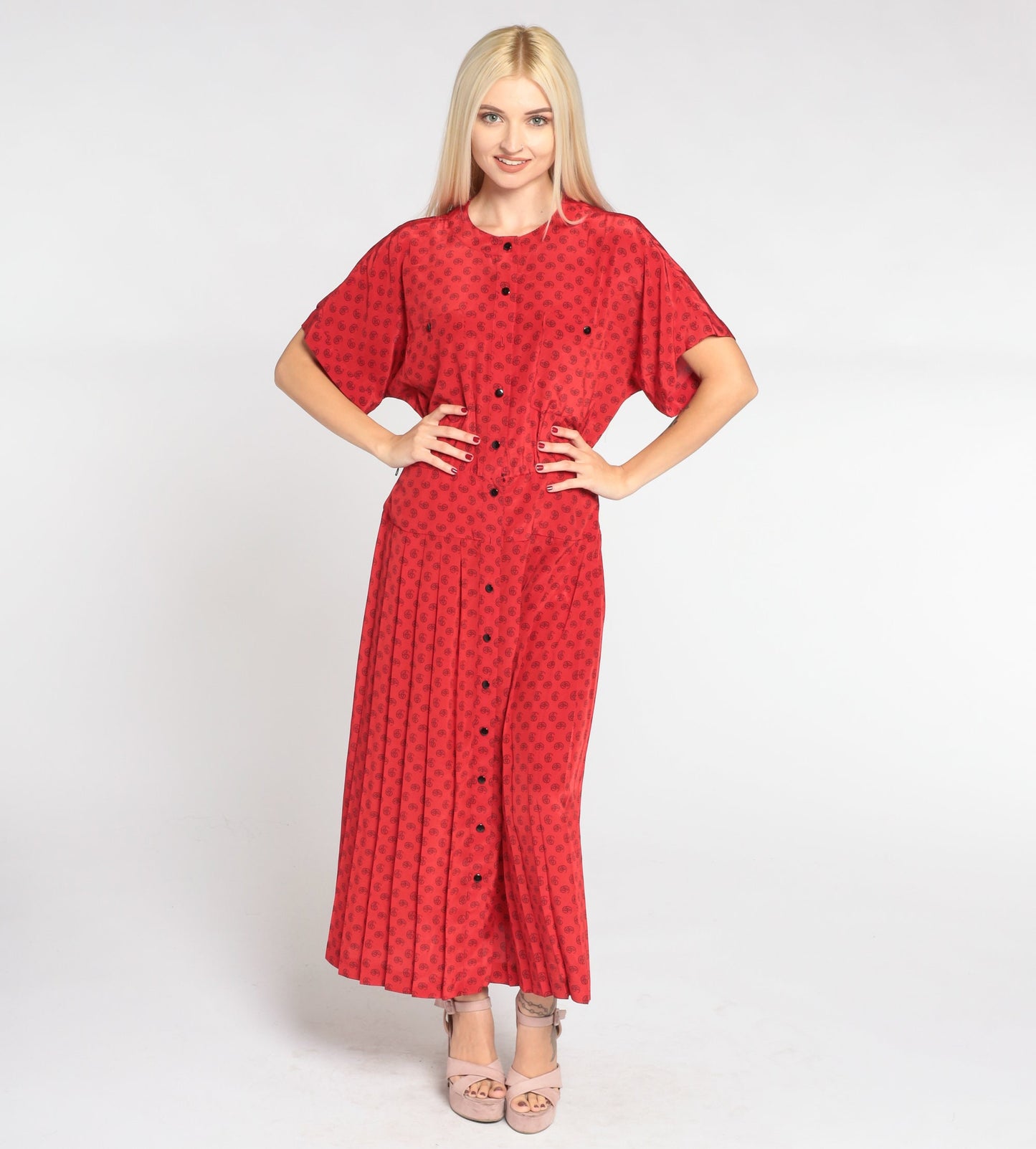 90s Liz Claiborne Red Paisley Dot Midi Shirt Dress Pleated Button-Up Medium 8