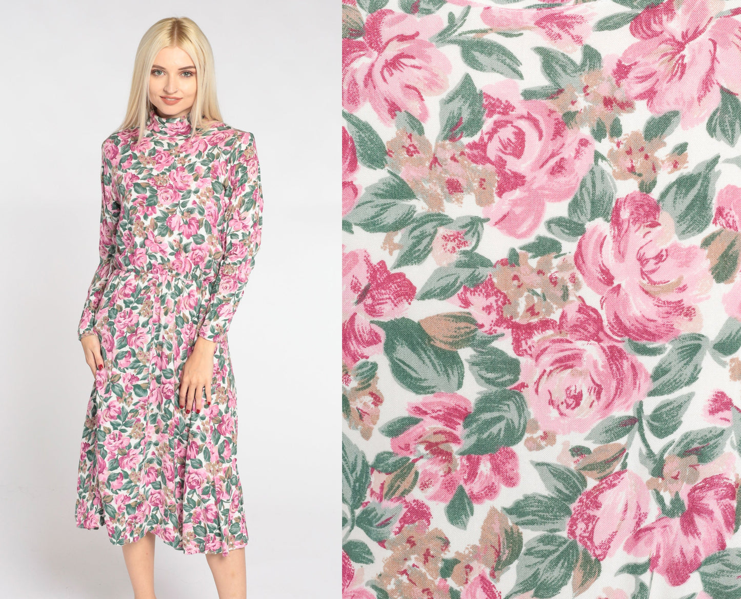 90s Floral Midi Dress White Mock Neck Long Sleeve High Waist Medium 8