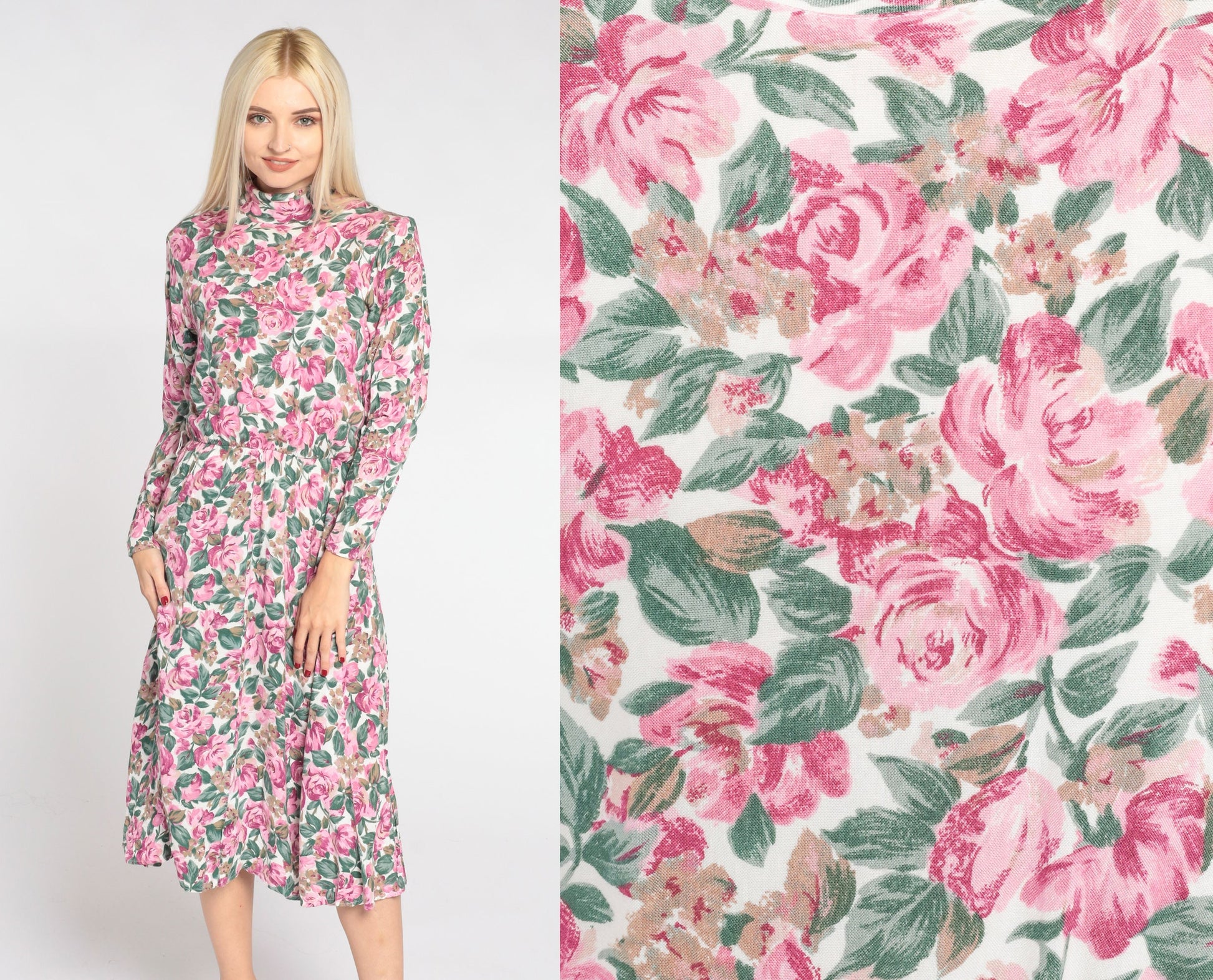 90s Floral Midi Dress White Mock Neck Long Sleeve High Waist Medium 8