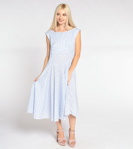 90s Blue Daisy Print Midi Dress High Waist Low Back Sleeveless Large