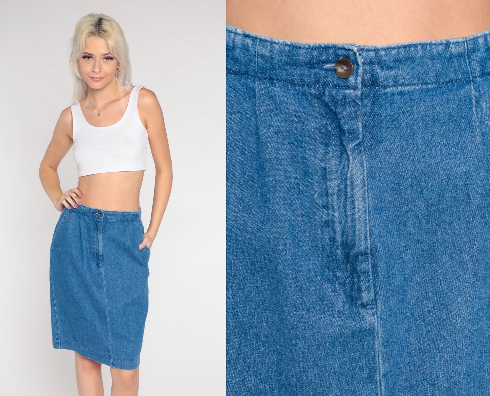90s High-Waisted Denim Mini Skirt Blue Pencil Cut Small 6
