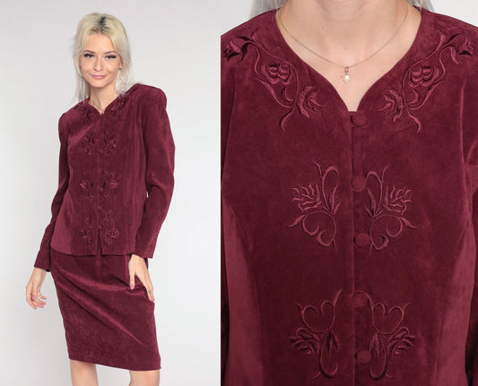 90s Karin Stevens Burgundy Floral Embroidered Midi Dress Long Sleeve Medium