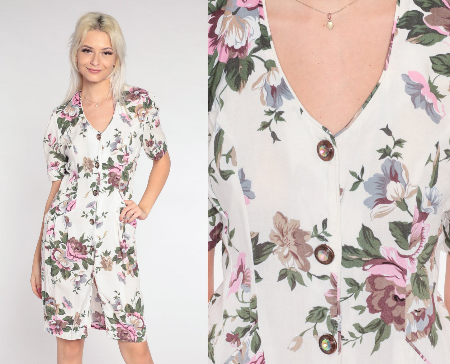 90s White Floral Mini Dress Button-Up Sheath Puff Sleeve Small S
