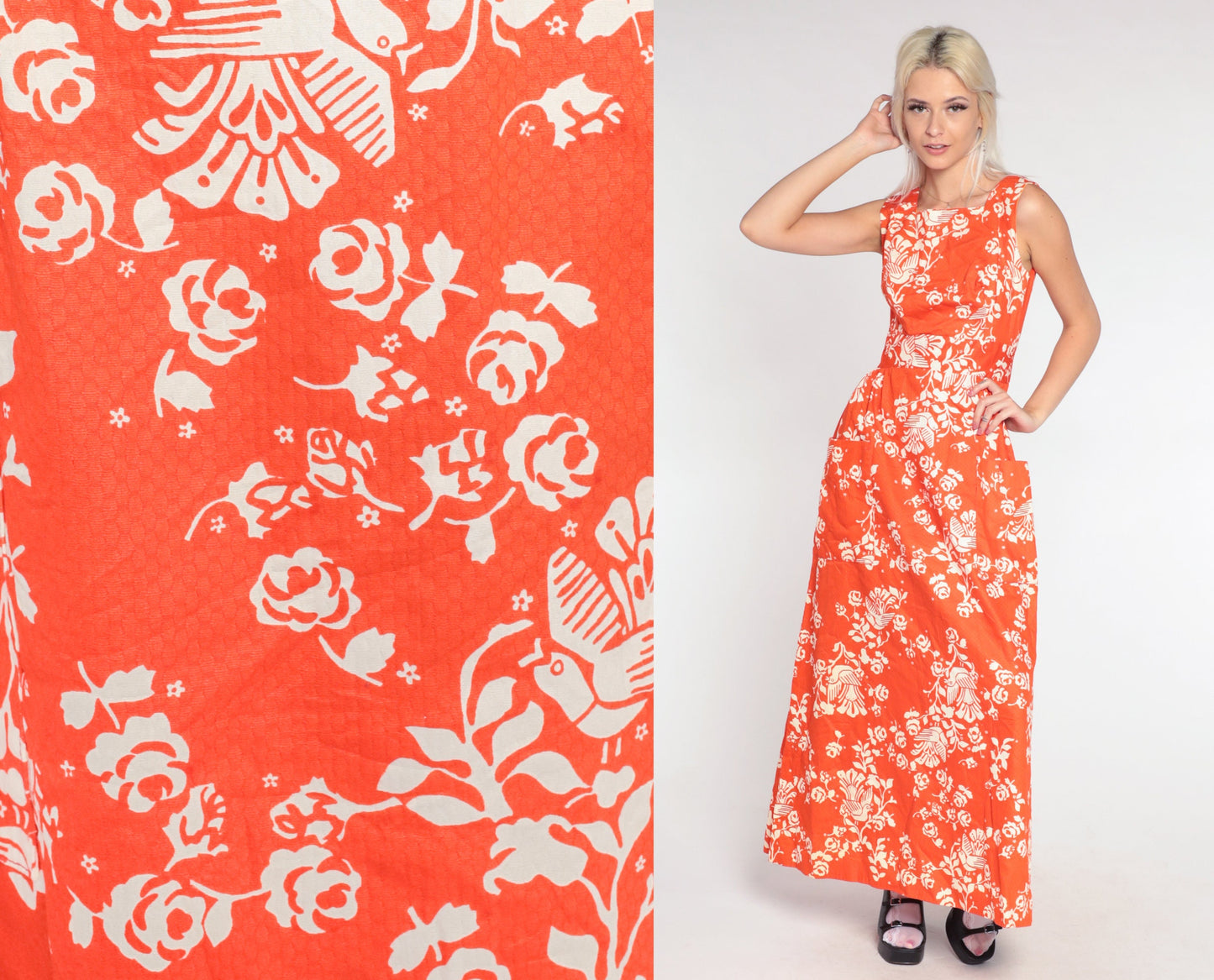 70s Orange Bird Floral Maxi Dress High Waist Cotton Vintage Extra Small