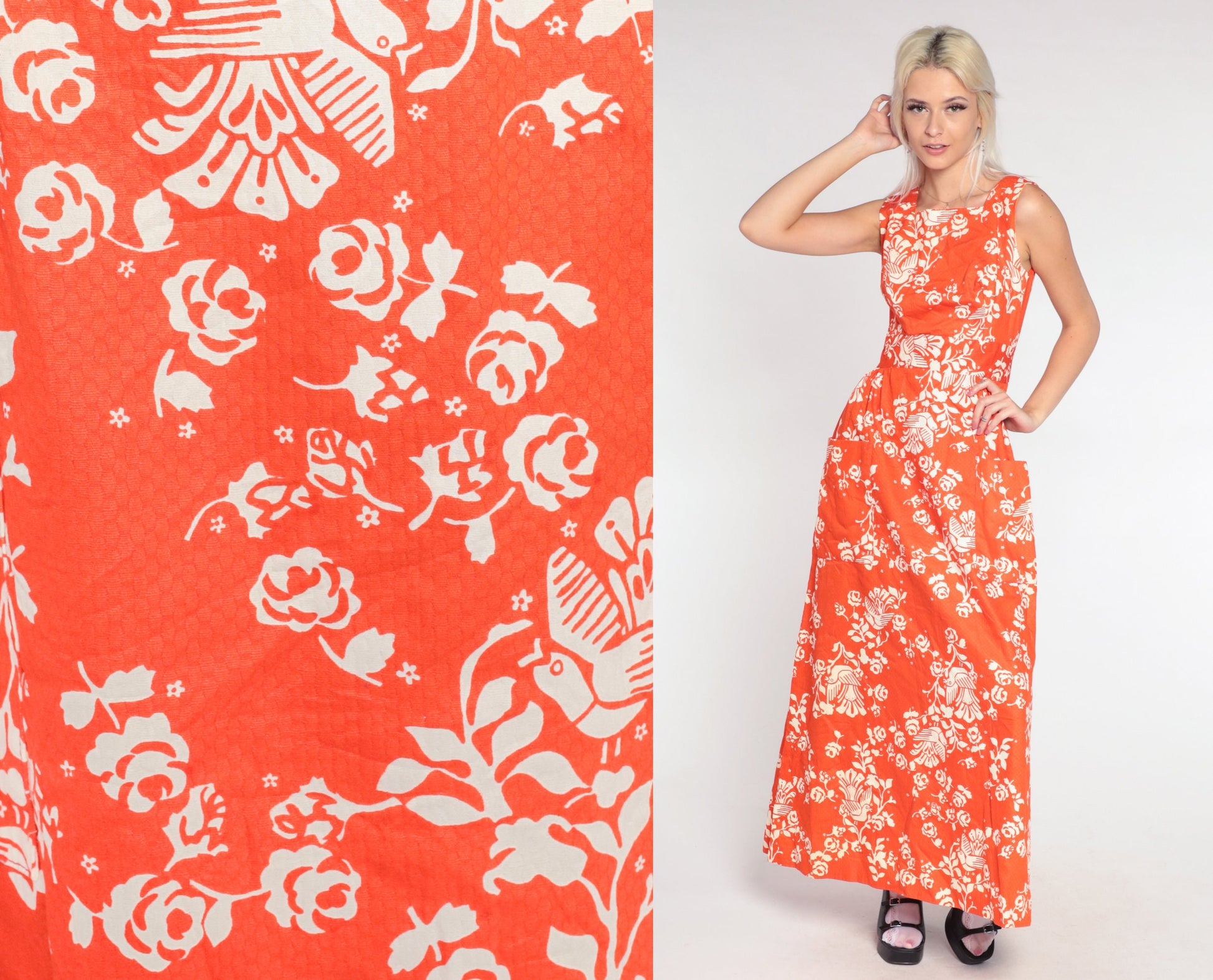 70s Orange Bird Floral Maxi Dress High Waist Cotton Vintage Extra Small