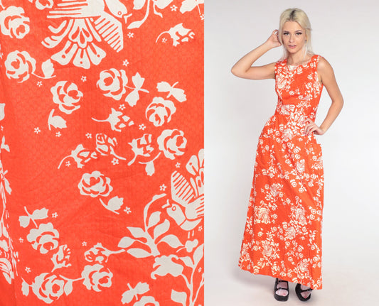 70s Orange Bird Floral Maxi Dress High Waist Cotton Vintage Extra Small
