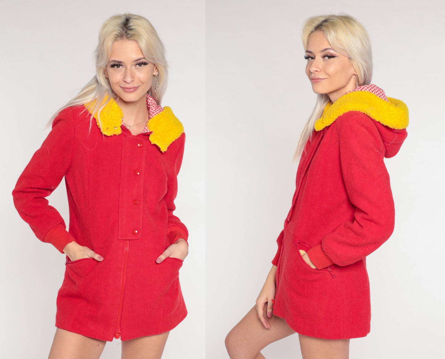 70s 80s Red Wool Blend Hooded Winter Coat Yellow Sherpa Trim Extra Small XS