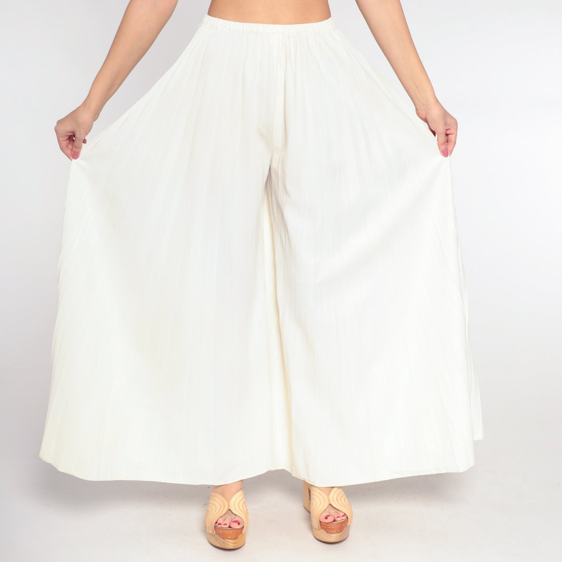 70s Cream Palazzo Pants High Waisted Wide Leg Pleated Bell Bottoms Small