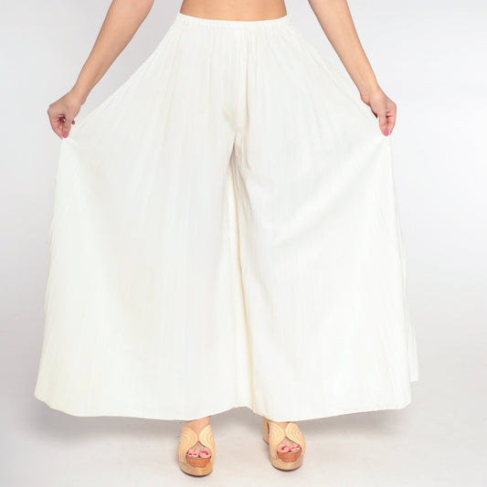 70s Cream Palazzo Pants High Waisted Wide Leg Pleated Bell Bottoms Small