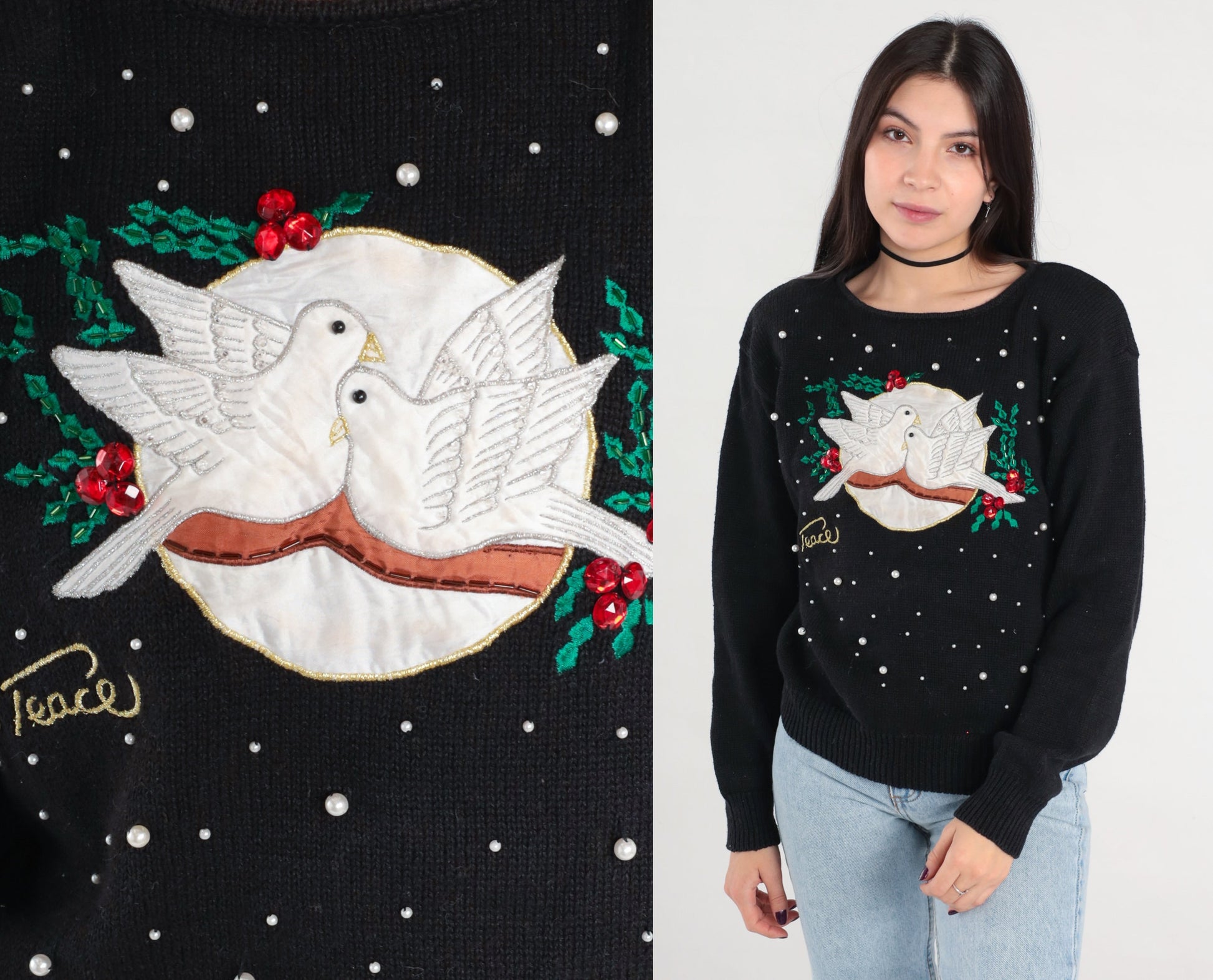 Y2K Christmas Dove Sweater Black Beaded Peace Pullover Large L