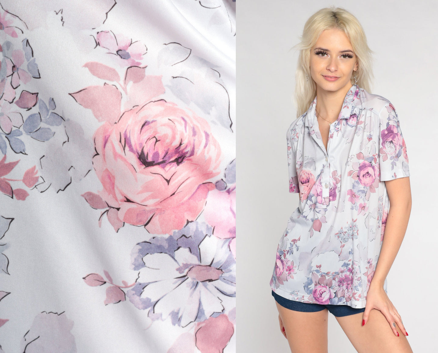 70s Lavender Floral Rose Print Collared Blouse Short Sleeve V Neck Medium Large