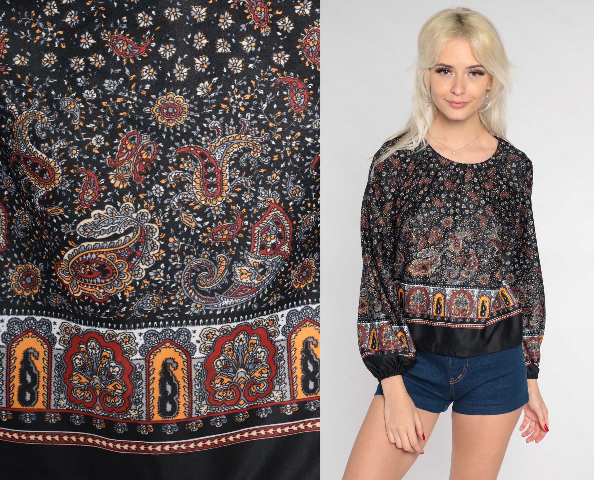 70s Paisley Floral Peasant Blouse Black Balloon Sleeve Zip Back Small