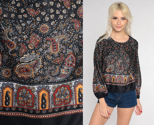 70s Paisley Floral Peasant Blouse Black Balloon Sleeve Zip Back Small