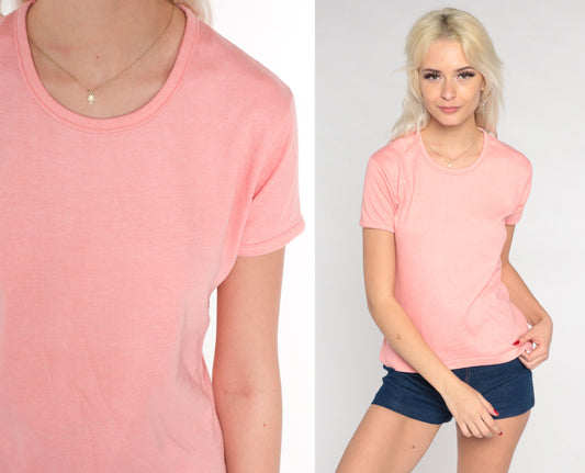 80s Hanes Peach Pink Scoop Neck T-Shirt Single Stitch Medium