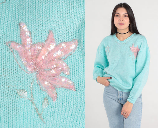 80s Mint Blue Floral Beaded Sequin Knit Sweater Pullover Medium