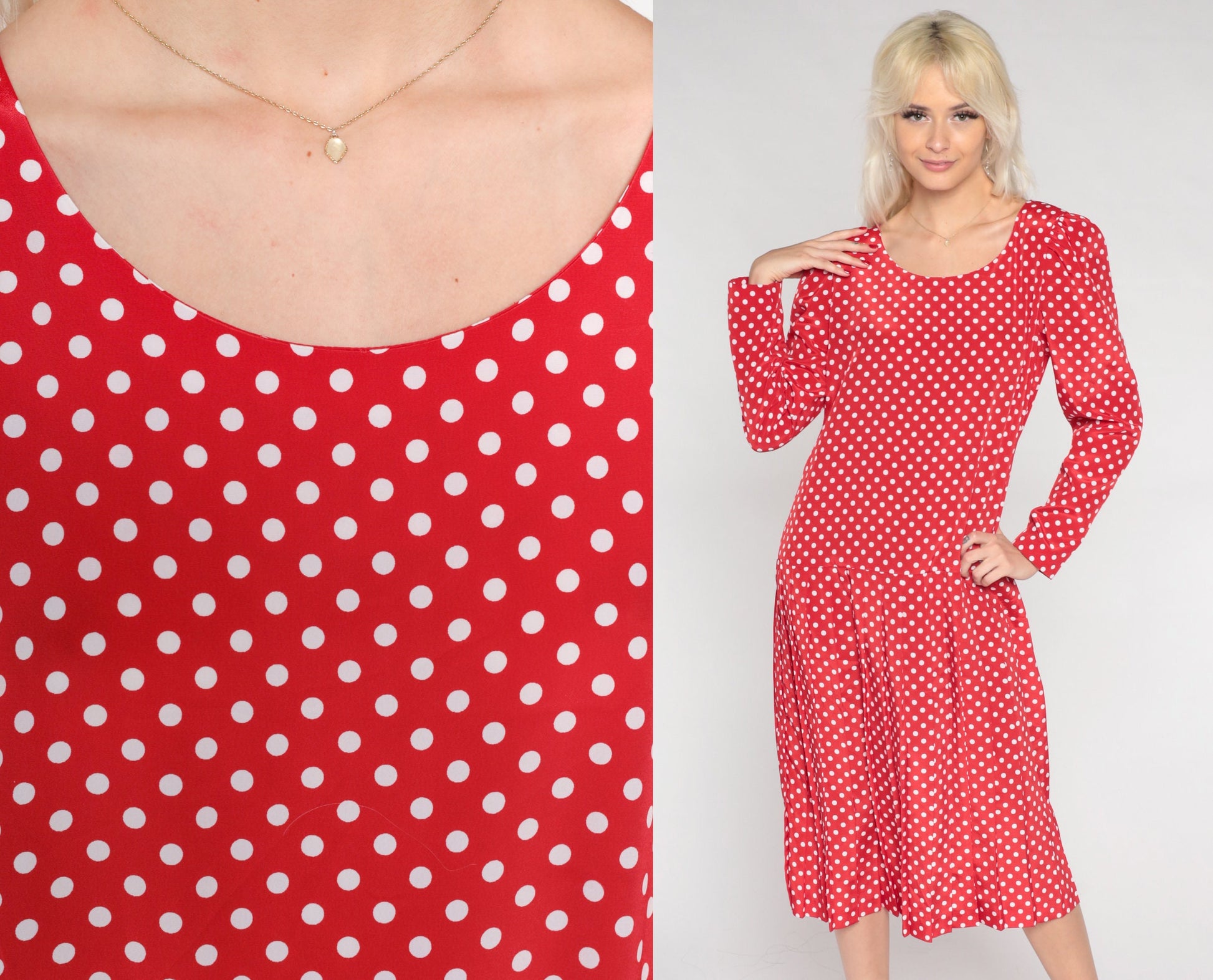 90s Leslie Fay Red Polka Dot Midi Dress Long Sleeve Drop Waist Medium 10