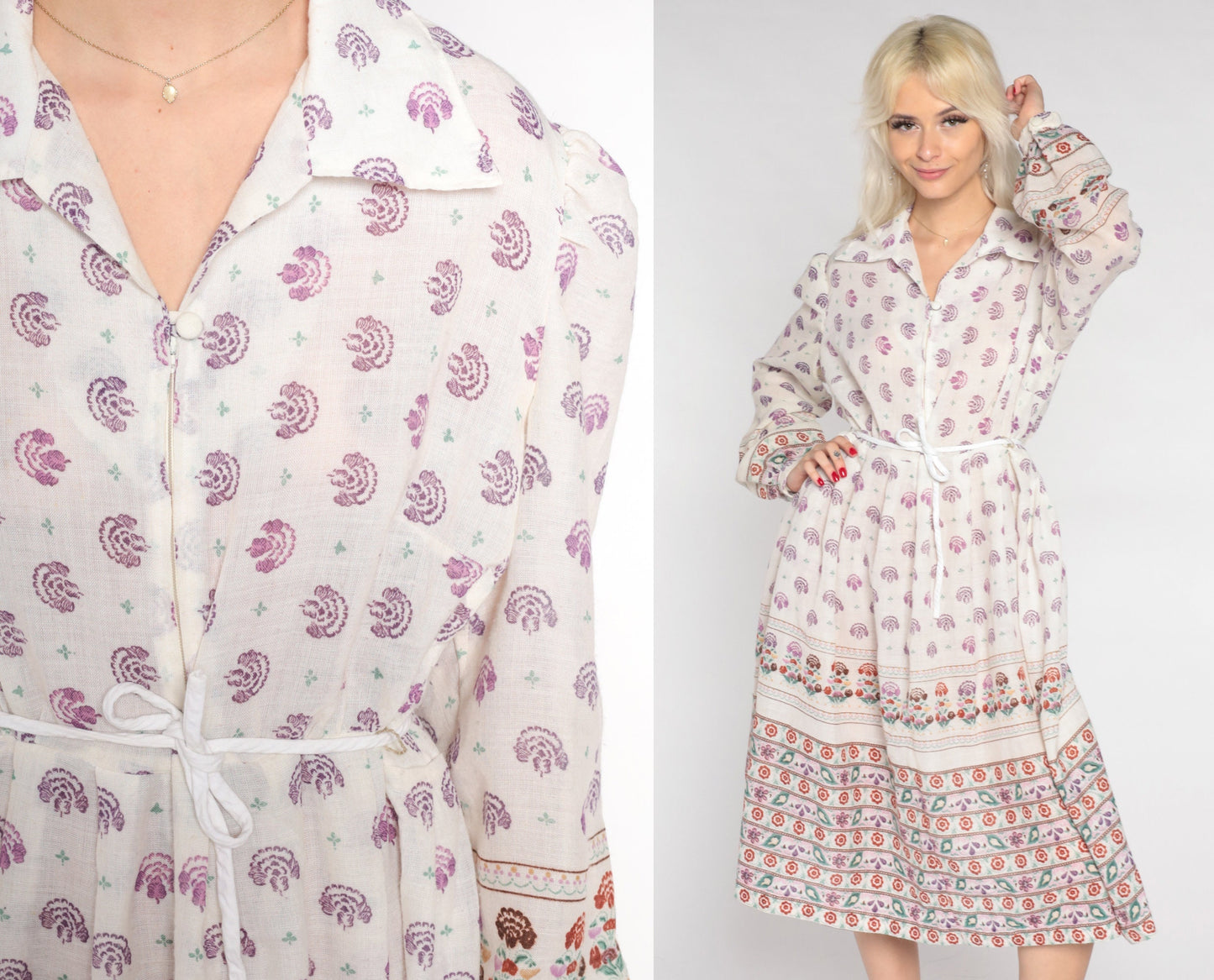 70s White Floral Midi Shirtdress Drawstring Waist Balloon Sleeve Collared Extra Large