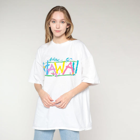 90s Hawaii Aloha Graphic T-Shirt Dolphins Tropical Fish Stars White XL
