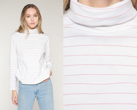90s Striped Turtleneck Long Sleeve Shirt White Pink Metallic Medium M