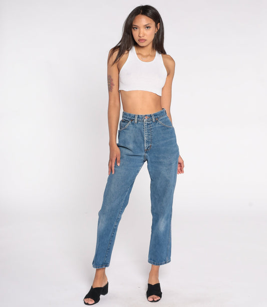 90s Lands End High-Waist Straight Leg Jeans Faded Blue Denim Small S