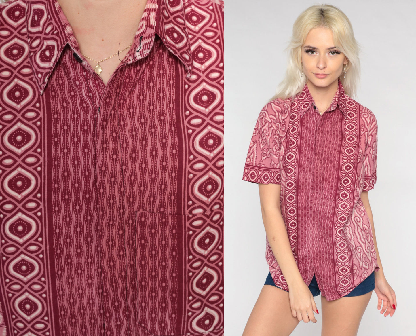 90s Red Batik Abstract Button-Up Shirt Short Sleeve Medium