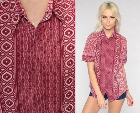 90s Red Batik Abstract Button-Up Shirt Short Sleeve Medium