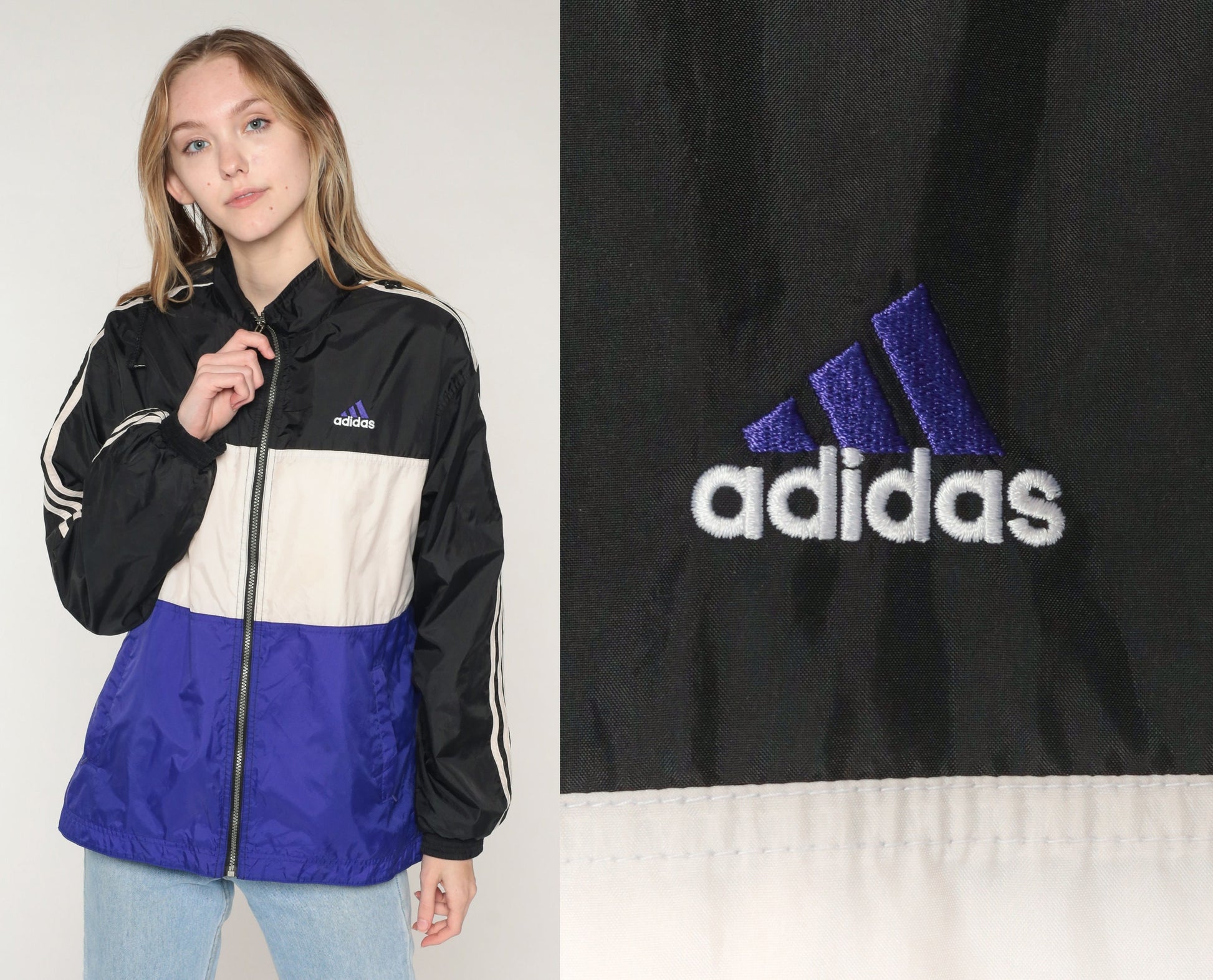 Y2K Adidas Windbreaker Jacket Black White Purple Striped Colour Block 2XL