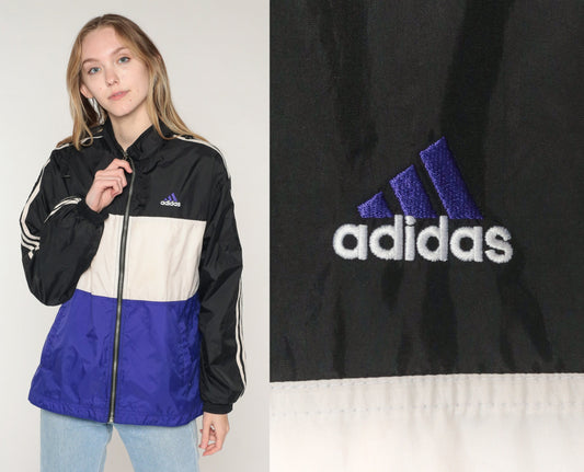 Y2K Adidas Windbreaker Jacket Black White Purple Striped Colour Block 2XL