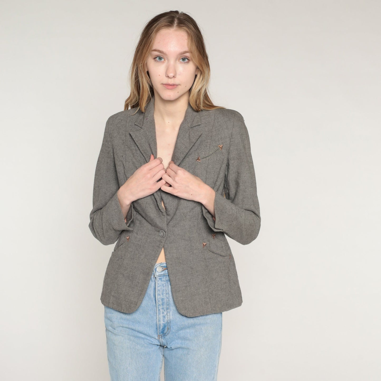 60s Grey Wool Blazer Single Button Jacket Embroidered Pockets Extra Small