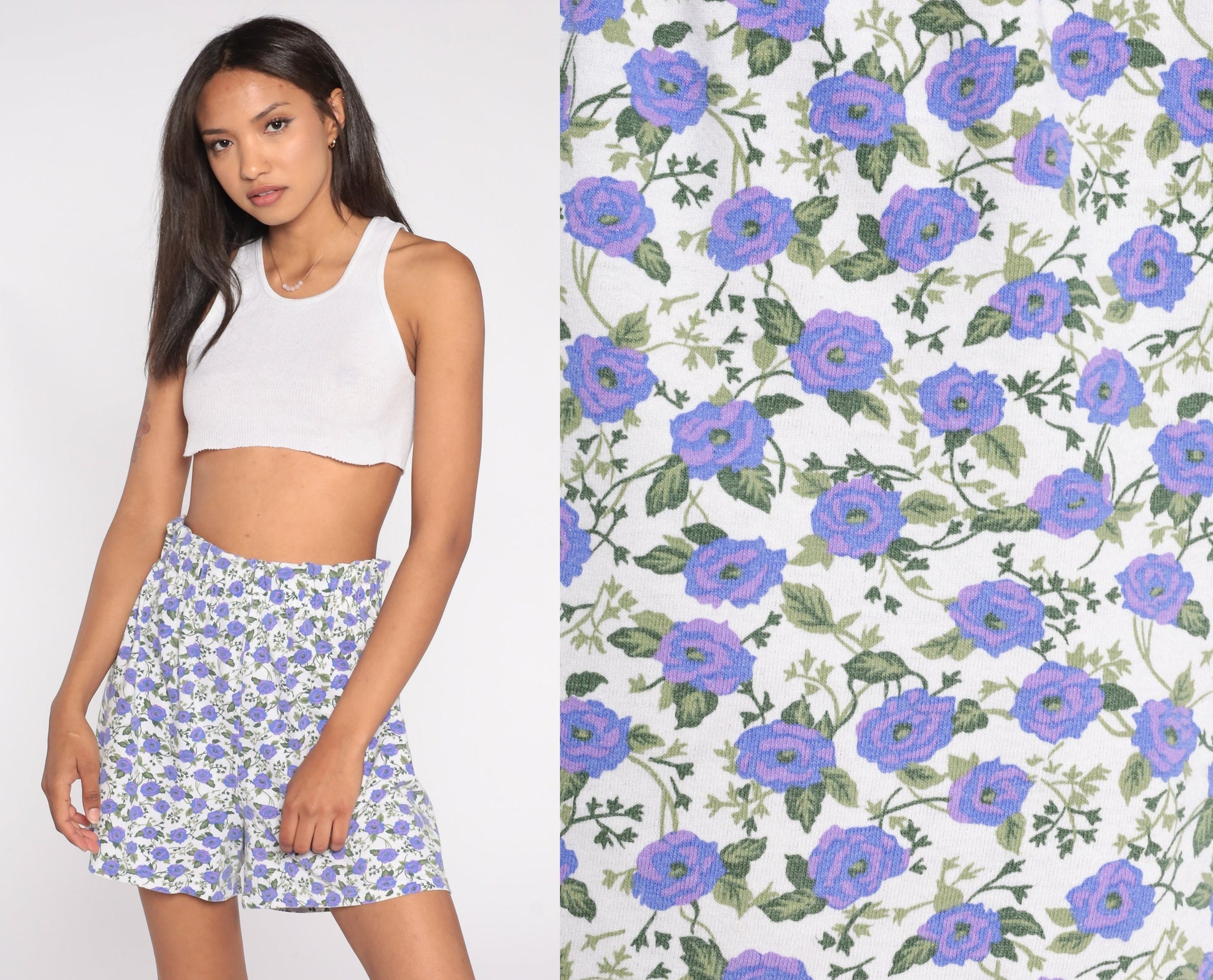 90s Fizzical Floral Paper Bag Shorts High Waist Purple White Cotton Medium Large