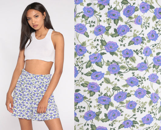 90s Fizzical Floral Paper Bag Shorts High Waist Purple White Cotton Medium Large