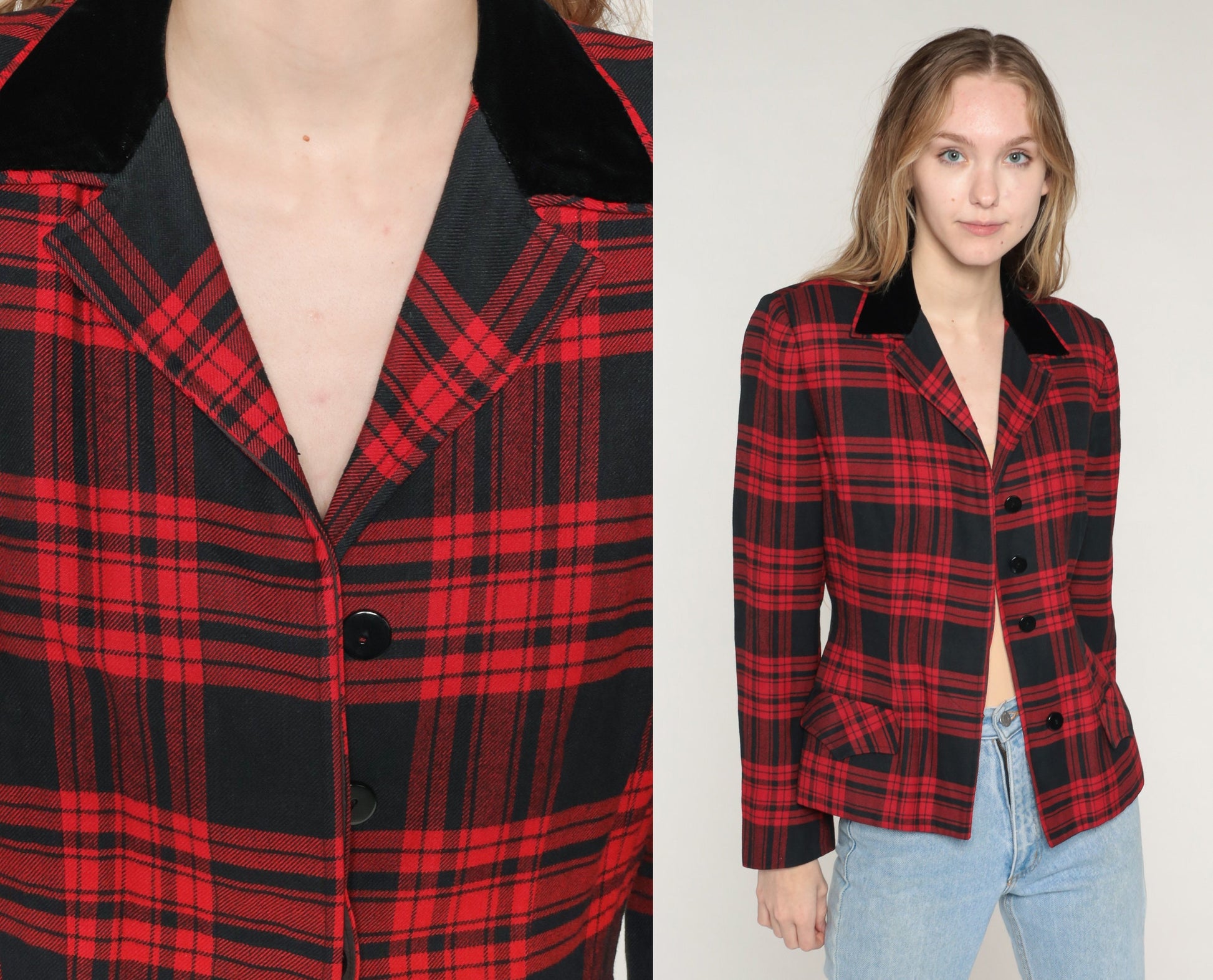 70s Marshall Field Red Plaid Wool Blazer Notched Collar Button Jacket Extra Small