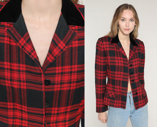 70s Marshall Field Red Plaid Wool Blazer Notched Collar Button Jacket Extra Small