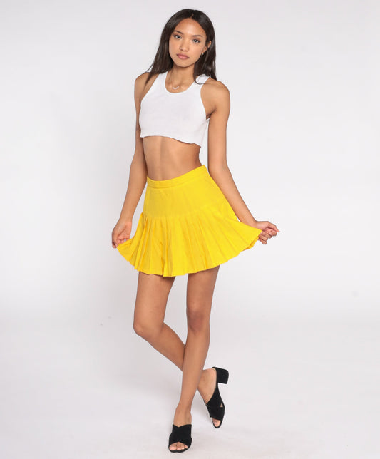 70s Albion Yellow Pleated Mini Skirt High Waist Extra Small