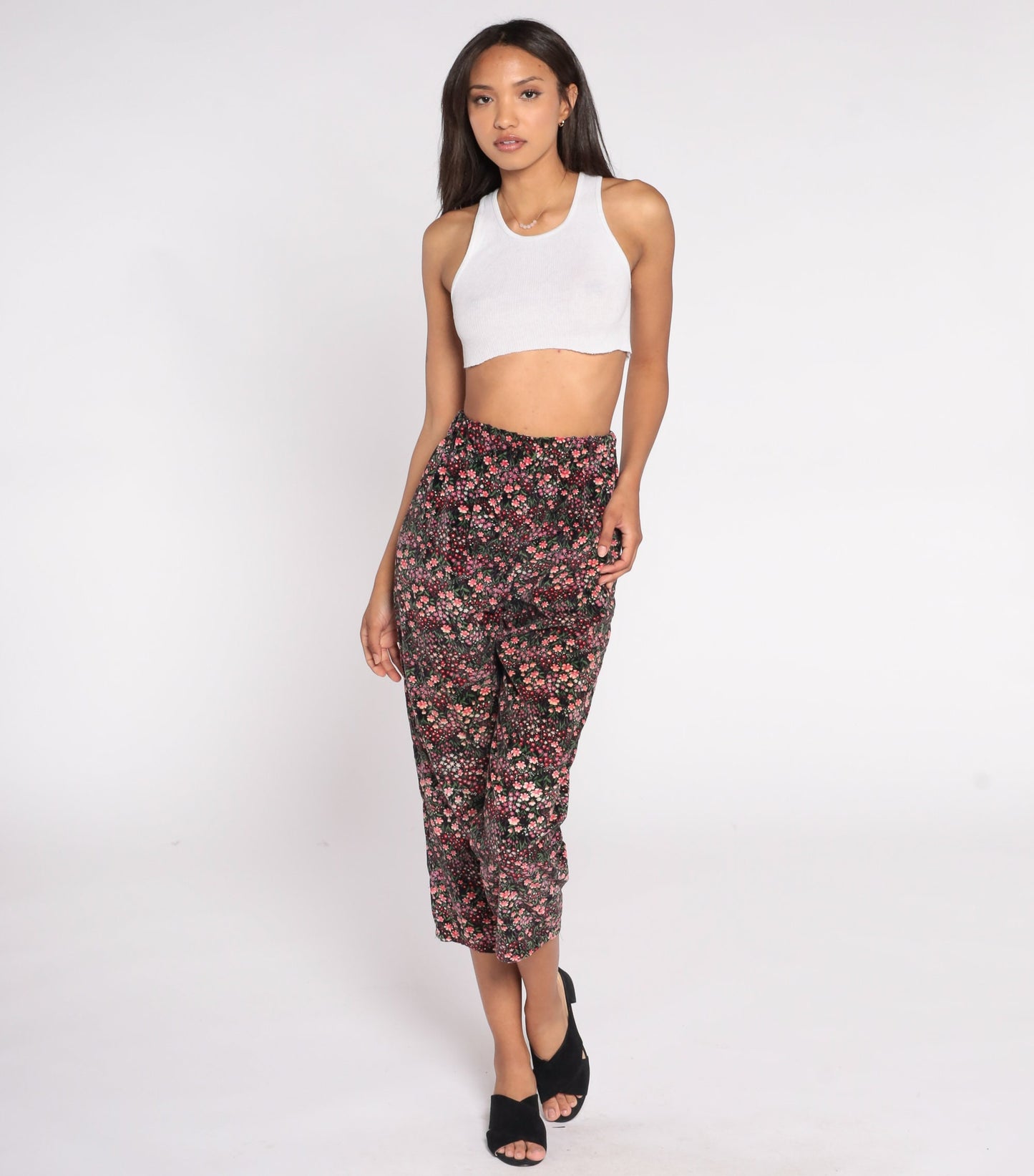 90s Black Velvet Floral Capri Pants Pink Print Elastic Waist Small Medium