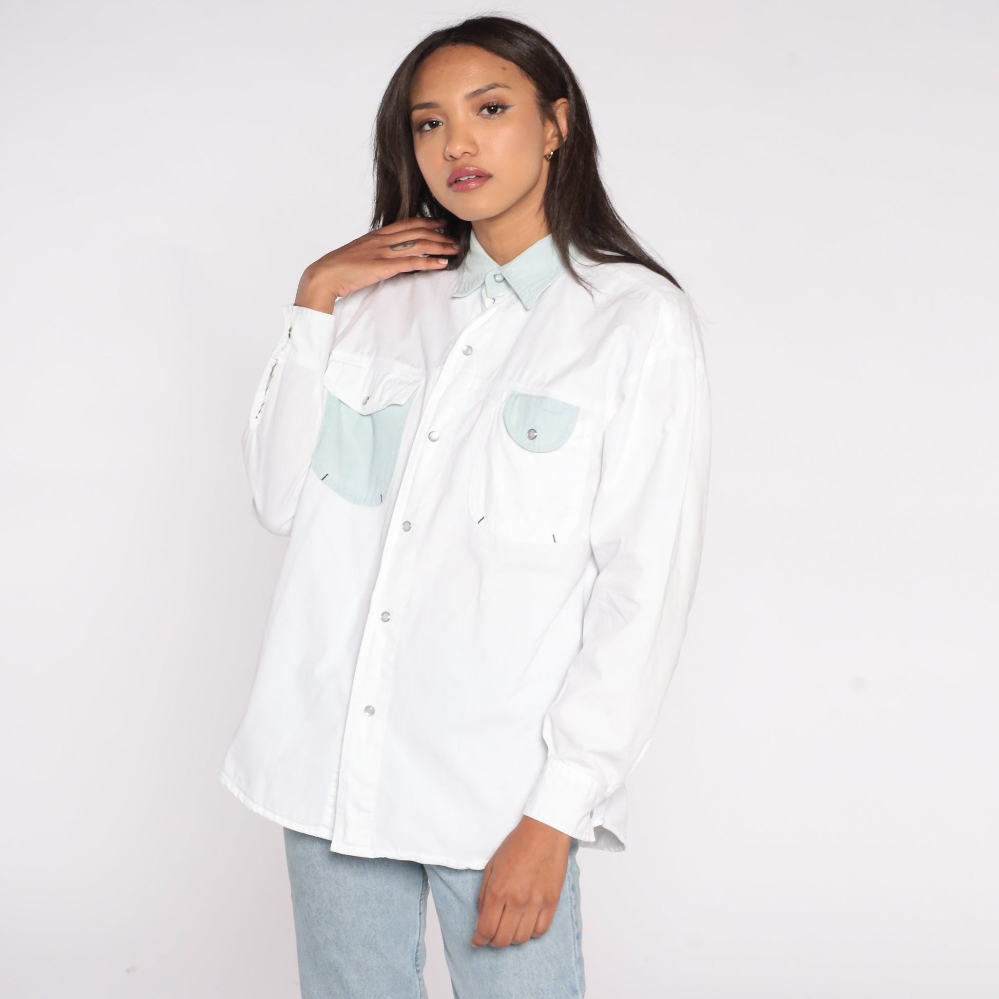 90s White Pearl Snap Western Shirt Long Sleeve Cowboy Button Up Large