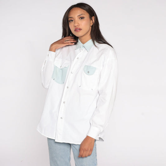 90s White Pearl Snap Western Shirt Long Sleeve Cowboy Button Up Large